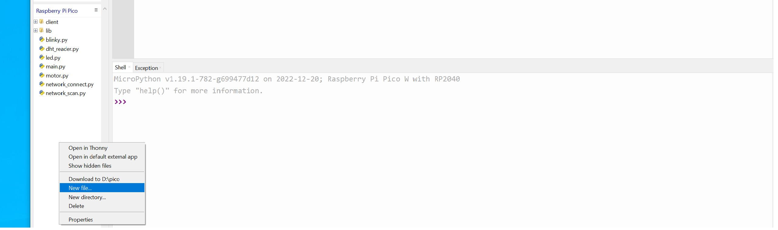 Create migratorydata_getting_started.py file on Pico board