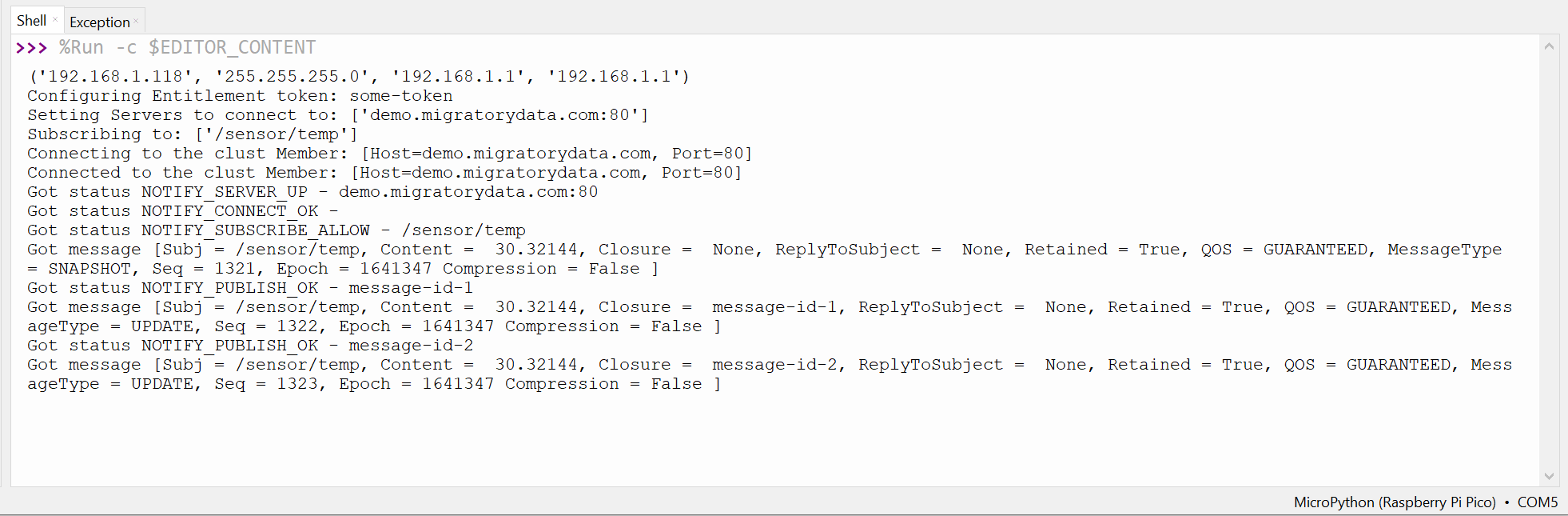 Example output on shell